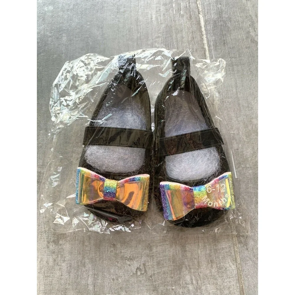 Los Angeles Boutique Black Vegan Leather Rainbow Glitter Girls Flat Shoes 6-12 M